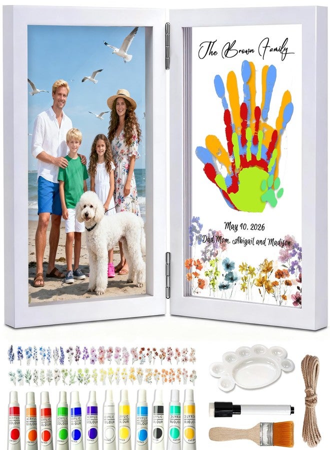 OurWarm Family Handprint Kit for 4, DIY Baby Hand and Footprint Kit Wood Frame with Color Palette, Family Gifts with 50pc Stickers & 12 Non-Toxic Baby Safe Paint for New Parents, Newborn, Father's Day - Image 1